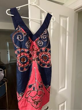 Trina Turk Navy and Pink Sleeveless V-Neck Print Dress